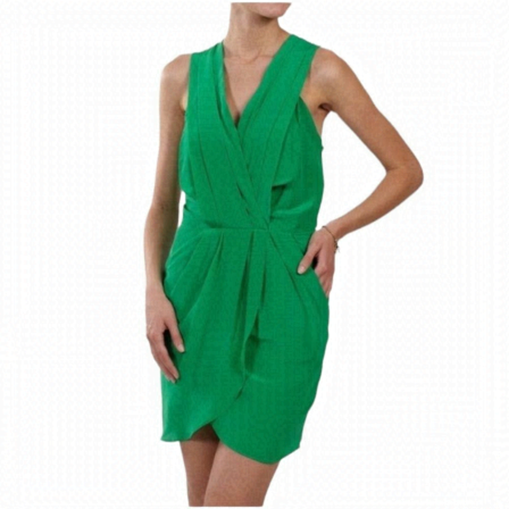 GREYLIN Silk Sleeveless Faux Wrap Mini Dress Green M